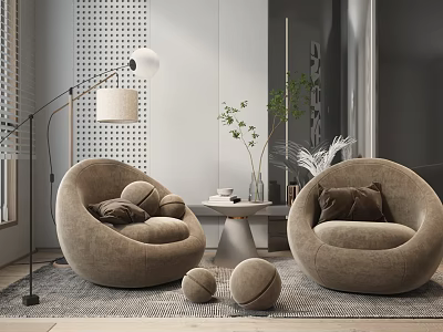 Beige Velvet Round Leisure Sofa Set with Armchairs Ottoman Stools Side Table and Green Plant 3d model