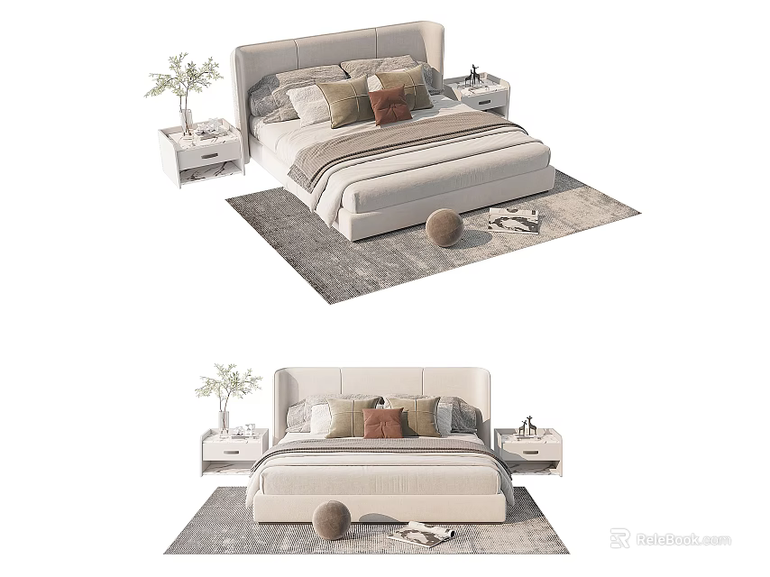 Modern Double Bed With Upholstered Headboard Pillows Nightstands And Decorative Rug 3d model 