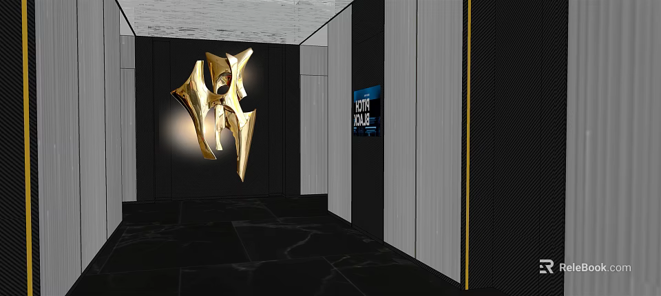 Modern Elevator Hallway With Gold Decorative Art And Illuminated Wall Panels 3d model