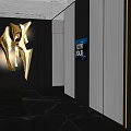 Modern Elevator Hallway With Gold Decorative Art And Illuminated Wall Panels 3d model