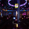 Modern Bar Interior Design With Neon Lights Purple Lighting Bar Counter And Tables Chairs