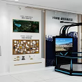 Organic Exhibition Area With White Display Wall Wooden Shelves Colorful Icons And Information Texts