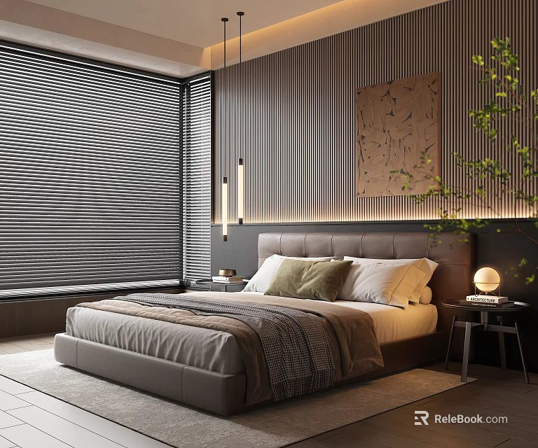 Modern Bedroom Interior With Upholstered Headboard Wooden Slat Wall Blinds Green Plant And Decorative Painting 3d model 