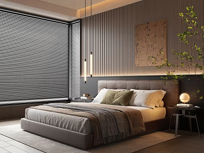 Modern Bedroom Interior With Upholstered Headboard Wooden Slat Wall Blinds Green Plant And Decorative Painting 3d model