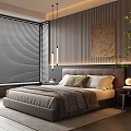 Modern Bedroom Interior With Upholstered Headboard Wooden Slat Wall Blinds Green Plant And Decorative Painting
