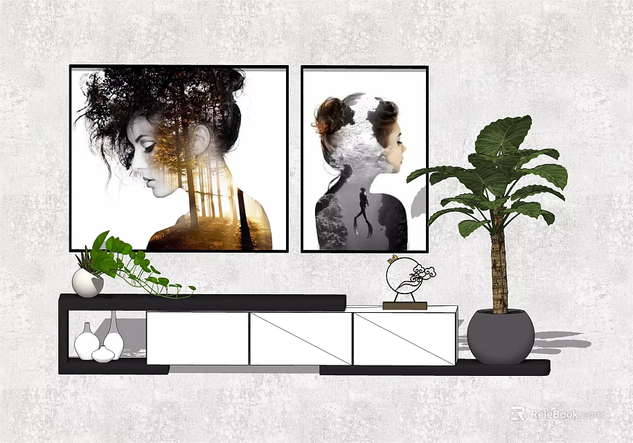 Modern TV Stand With Two Wall Paintings Potted Plant And Decorative Ornaments 3d model 