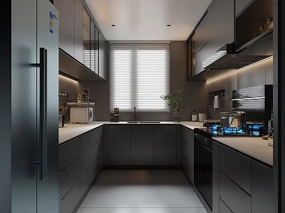 Modern Kitchen Interior With Dark Gray Cabinets Island Counter Window Blinds And Appliances 3d model