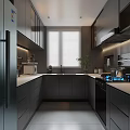 Modern Kitchen Interior With Dark Gray Cabinets Island Counter Window Blinds And Appliances