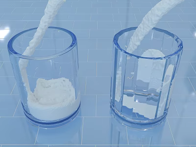 Two Transparent Glass Cups With Milk Pouring Into On Blue Tiled Surface 3d model