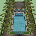 Residential Landscape Featuring Large Swimming Pool Lush Trees And Lounge Chairs