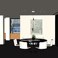 Modern Restaurant Interior With Round Dining Table White Chairs Pendant Light And Large Windows