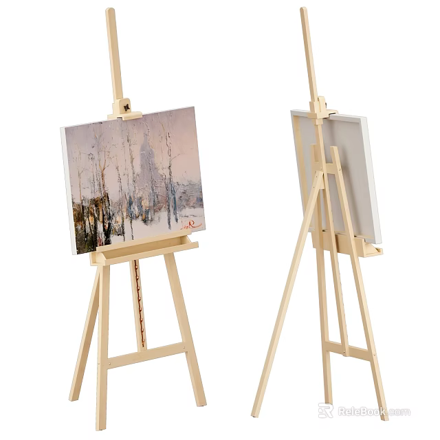Wooden Easels With Landscape Painting And Empty Canvas For Artist Painting Supplies 3d model 