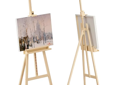 Wooden Easels With Landscape Painting And Empty Canvas For Artist Painting Supplies 3d model