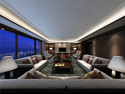Modern Living Room Interior With Large Windows City Night View Grey Sofas Coffee Table Lamps 3d model