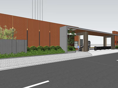 Covered Entrance Gate With Red Brick Wall Street Lamps Green Shrubs And Paved Sidewalk 3d model