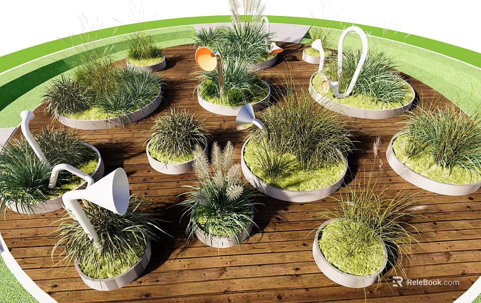 Grasses and Plants in Circular Planters on Wooden Deck with Green Lawn and White Decorative Structures 3d model 