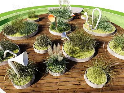 Grasses and Plants in Circular Planters on Wooden Deck with Green Lawn and White Decorative Structures 3d model