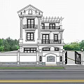 Modern Three Story White Detached Villa With Balconies And Walled Gate Surrounded By Green Trees