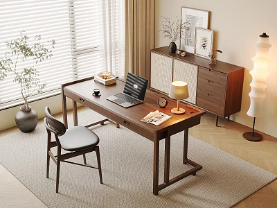 Modern Home Office Workspace With Wooden Desk Laptop Lamp Chair And Potted Plant 3d model