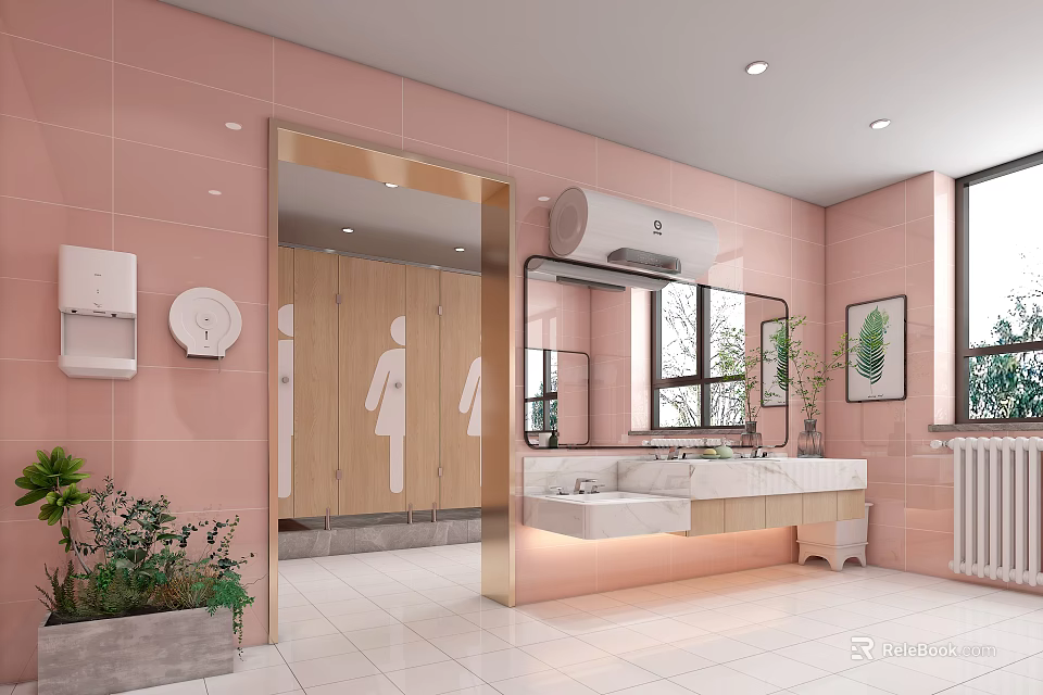 Public Restroom Interior With Pink Walls Wooden Stalls Mirrors Sinks And Plants 3d model 