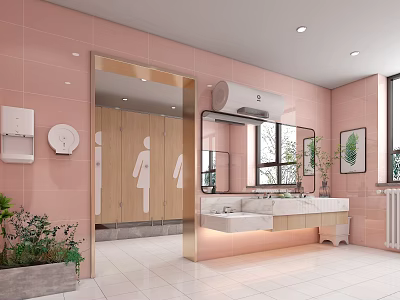 Public Restroom Interior With Pink Walls Wooden Stalls Mirrors Sinks And Plants 3d model