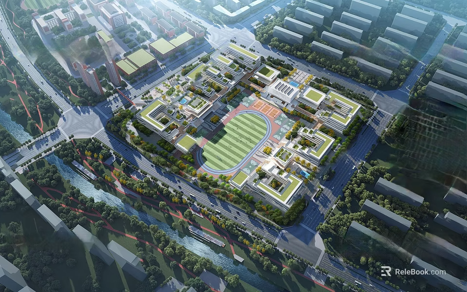 Aerial View of Modern School Building Campus With Sports Field Classroom Blocks And Green Spaces 3d model 