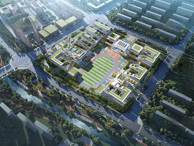 Aerial View of Modern School Building Campus With Sports Field Classroom Blocks And Green Spaces 3d model