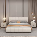 White Leather Upholstered Double Bed with Headboard Nightstand Lamp Curtains Pendant Lights and Gray Rug