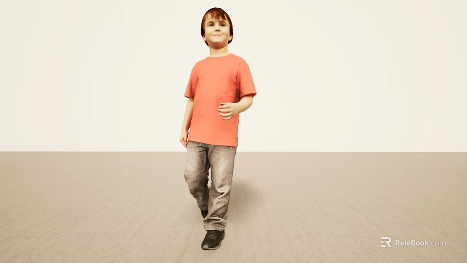 Man in orange T-shirt and gray jeans standing on light colored floor with light walls 3d model 