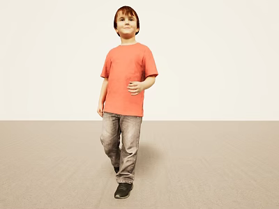 Man in orange T-shirt and gray jeans standing on light colored floor with light walls 3d model