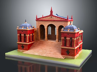 Cartoon Scene Of Red Decorative Building With Blue Domes Arches And Stairs 3d model