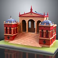 Cartoon Scene Of Red Decorative Building With Blue Domes Arches And Stairs