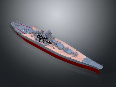 Detailed Warship Model With Gray Deck Red Hull And Naval Cannons 3d model