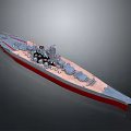 Detailed Warship Model With Gray Deck Red Hull And Naval Cannons