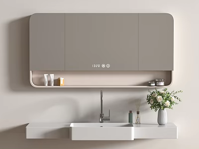 Modern Bathroom Vanity With Wall Mounted White Washbasin Grey Cabinet Mirror And Flowers 3d model