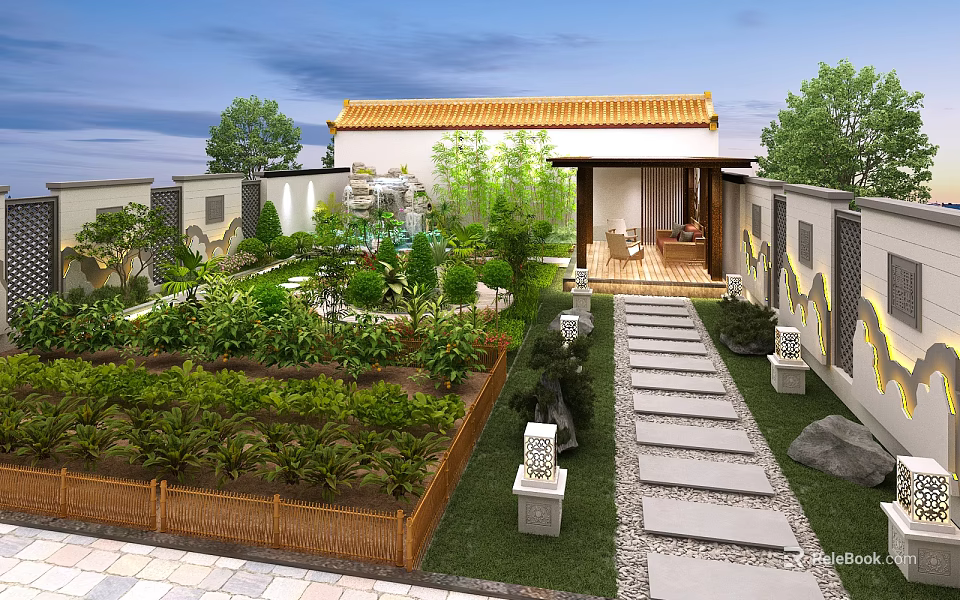 Chinese Garden Landscape With Traditional Architecture Stone Path Garden Plants Rockery And Stone Lanterns 3d model 