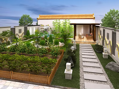 Chinese Garden Landscape With Traditional Architecture Stone Path Garden Plants Rockery And Stone Lanterns 3d model
