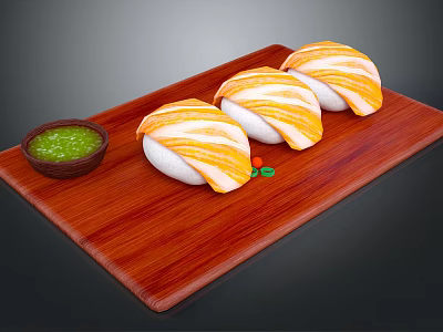 Yellow Striped Sushi on Wooden Cutting Board with Green Sauce and Colorful Garnishes 3d model