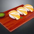 Yellow Striped Sushi on Wooden Cutting Board with Green Sauce and Colorful Garnishes