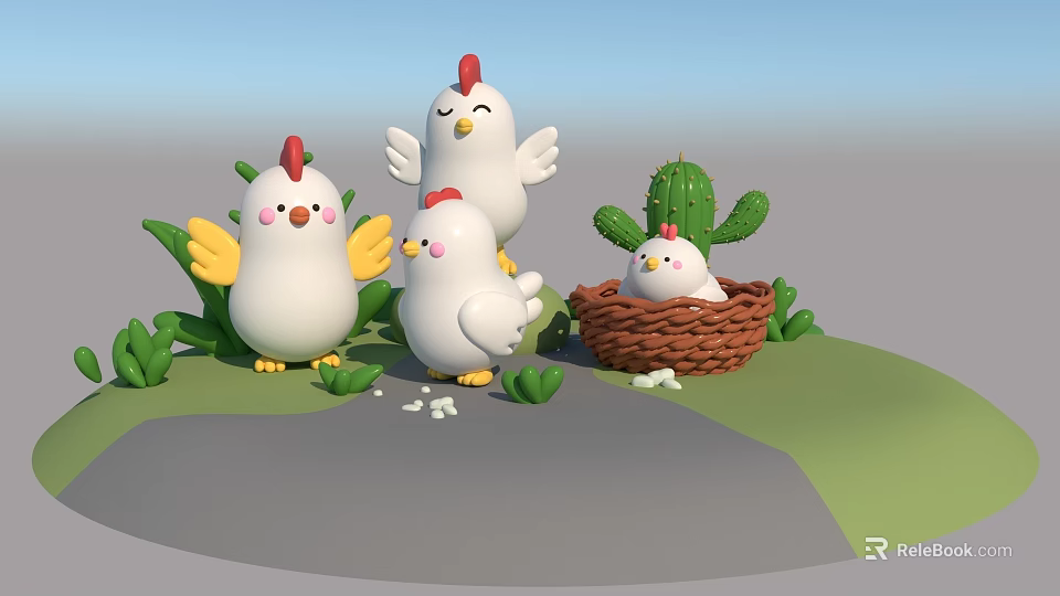 Cute Cartoon Chickens Family With One In Nest Surrounded By Green Plants And Cactus 3d model 