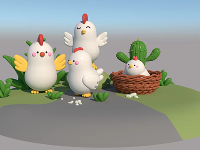 Cute Cartoon Chickens Family With One In Nest Surrounded By Green Plants And Cactus 3d model