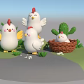 Cute Cartoon Chickens Family With One In Nest Surrounded By Green Plants And Cactus