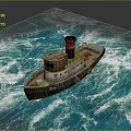 Vintage Tugboat Sailing On Blue Ocean Waves With Red Chimney And Wooden Hull