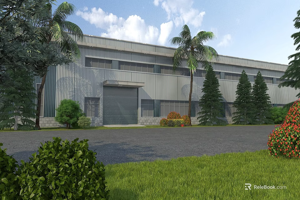 Modern Industrial Factory Building With Palm Trees Green Lawn And Open Parking Area 3d model 