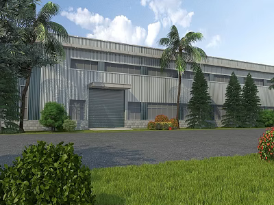 Modern Industrial Factory Building With Palm Trees Green Lawn And Open Parking Area 3d model