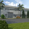 Modern Industrial Factory Building With Palm Trees Green Lawn And Open Parking Area