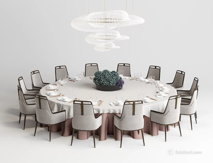 Elegant Modern Round Dining Table Set With Multiple Chairs And Centerpiece Decor 3d model