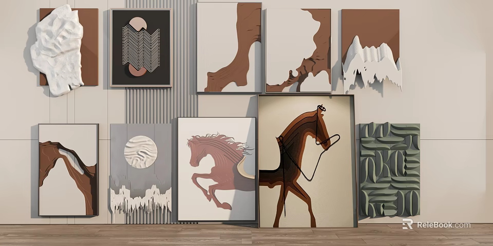 Decorative Wall Art Paintings With Running Horse And Geometric Patterns 3d model