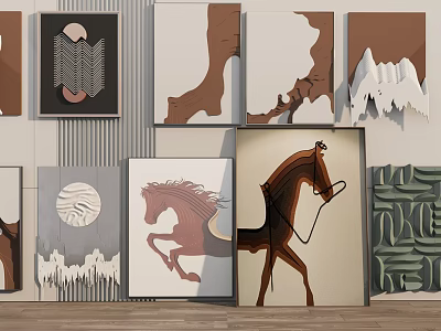 Decorative Wall Art Paintings With Running Horse And Geometric Patterns 3d model