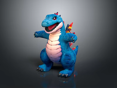 Blue Dinosaur Plush Toy with Red Spikes White Belly Open Mouth Standing on Dark Background 3d model